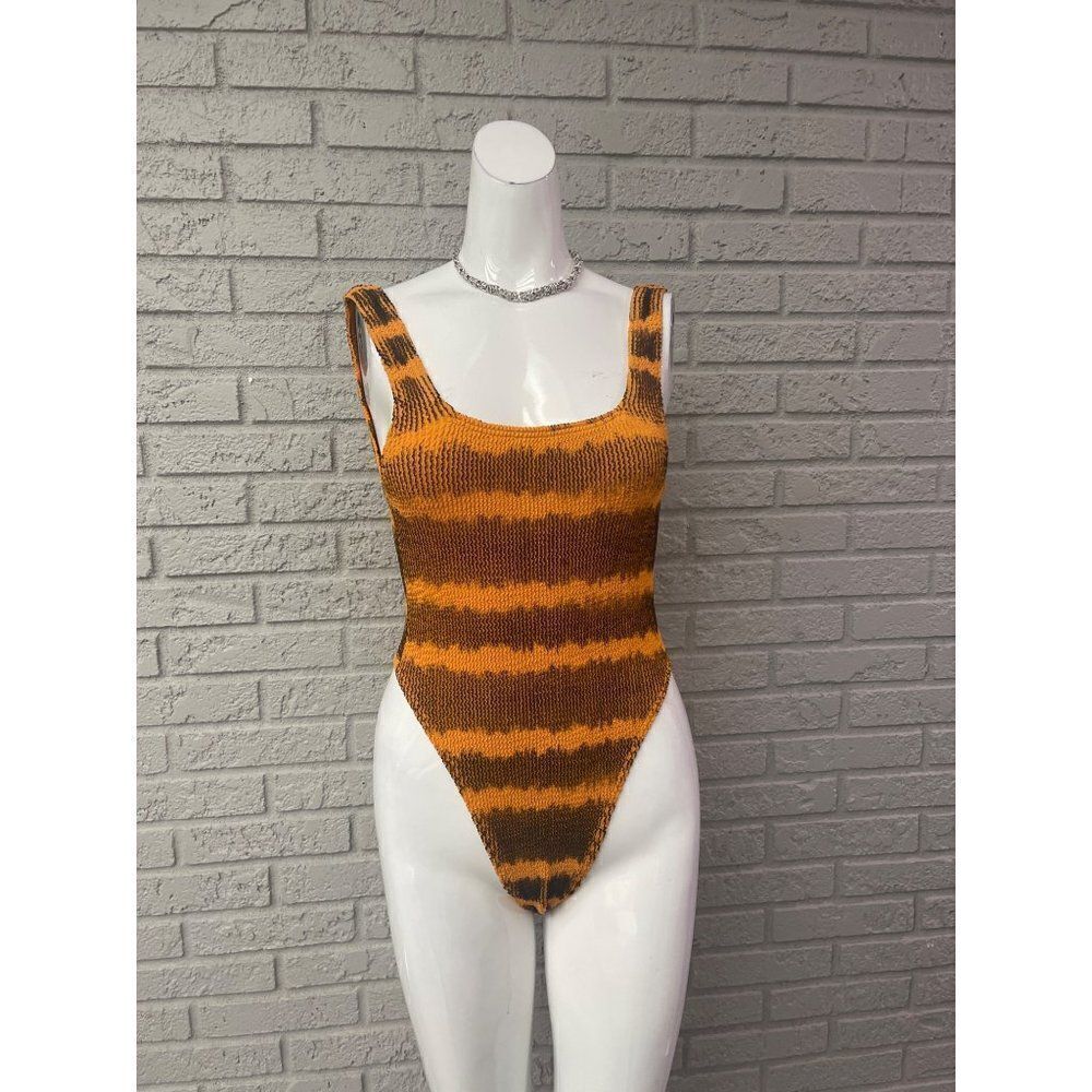 PrettyLittleThing Orange & Black Striped One-Piece Swimsuit Size One Size